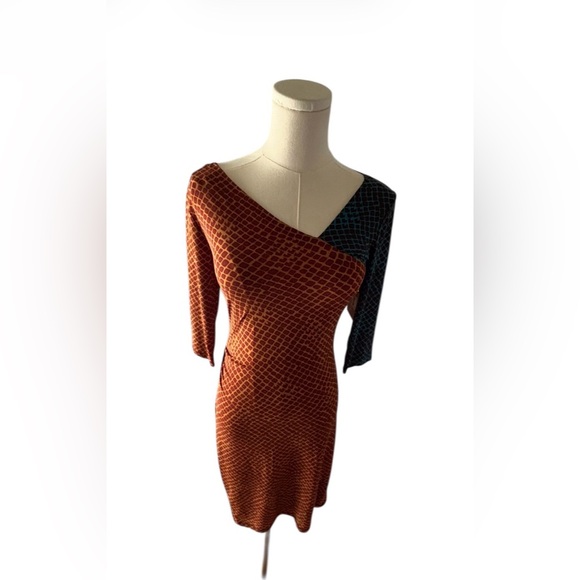 RACHEL Roy Chic Dark Gold/Rust & Teal Combo Dress w/Ruching on One Side ( L) NWT - Picture 11 of 14